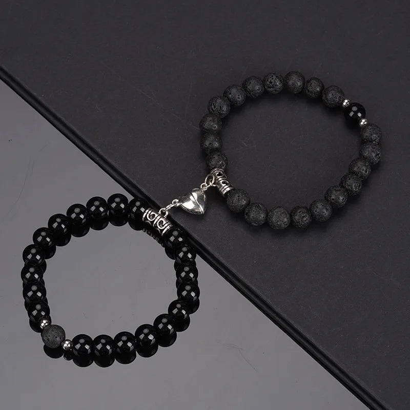 Natural Stone Beads Couple Bracelets - Heart Magnet Friendship Jewelry 2Pcs Set