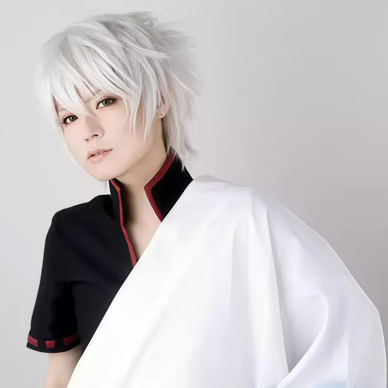 White Synthetic Short Hair Wig with Bangs – Heat-Resistant for Daily & Cosplay