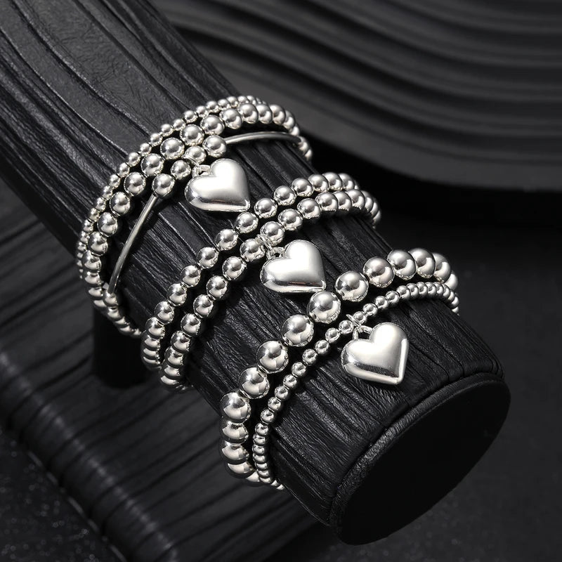 7-Piece Heart Charm Beaded Bracelet Set for Women Vintage Multi-Layer Jewelry Gift