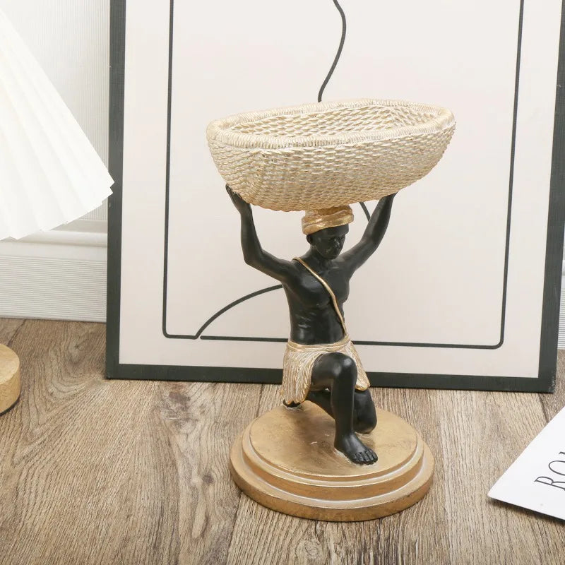 African Black Resin Basket Sculpture | Tribal Woven Storage Decor for Living Room & Entryway