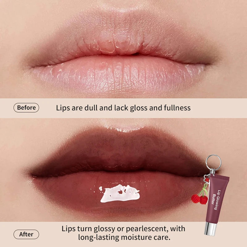Moisturizing Lip Glowing Butter Lip Gloss with Cherry Pendant - Hydrating, Long-Lasting, Plumping, Shiny Lip Tint