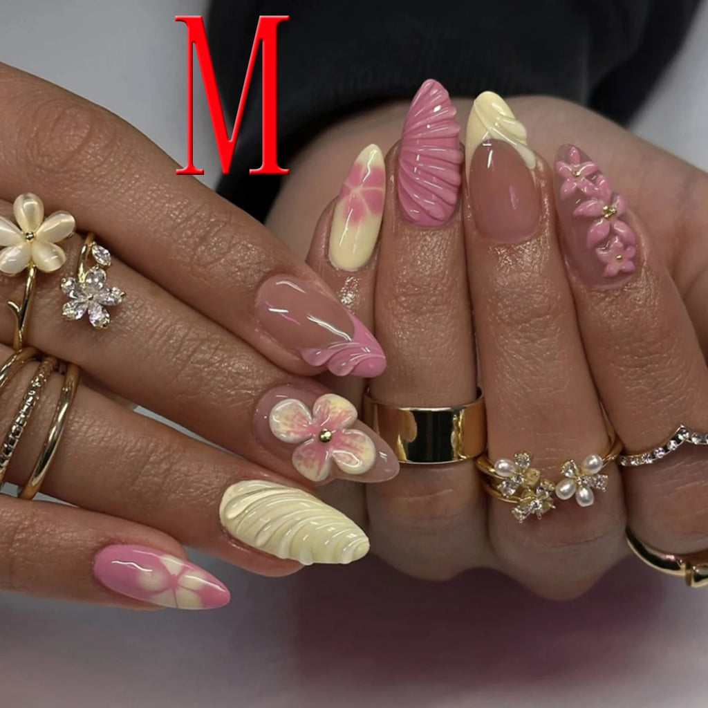 10PCS Medium Length Almond Fake Nail Set French Pointed Acrylic Nails