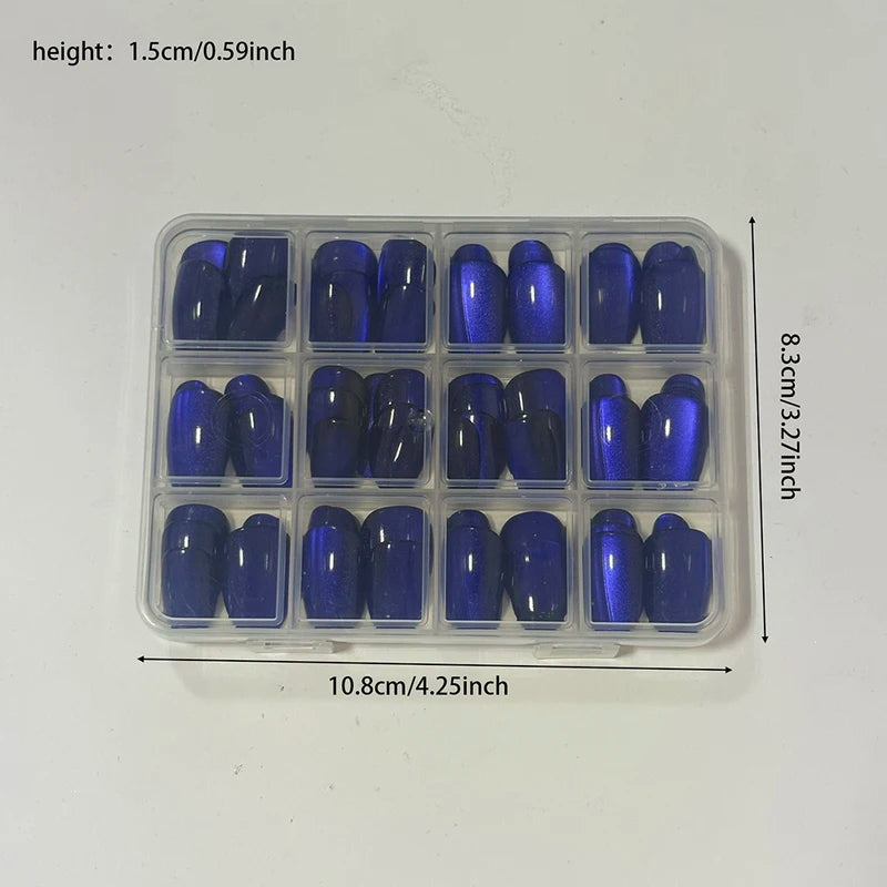 Glossy Dark Blue Cat Eye False Nails Set - Sparkly Medium Oval Press On Nails
