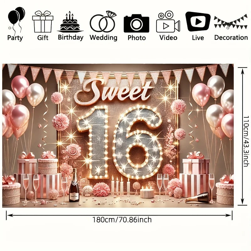 Sweet 16 Birthday Banner Decoration Polyester Background for Celebration