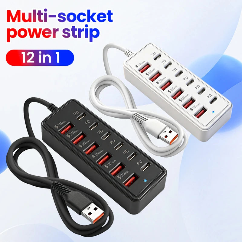 12-in-1 Multi-Socket Power Strip with USB Hub and Fast Charger for Home Office