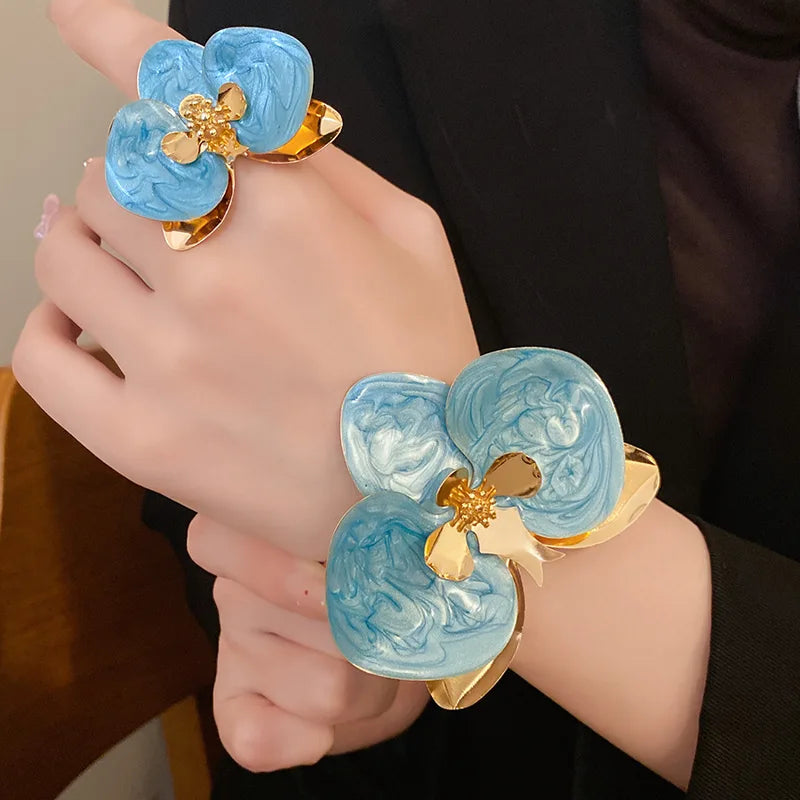 Multicolor Large Dripping Oil Orchid Flower Bangles - Statement Unisex Jewelry