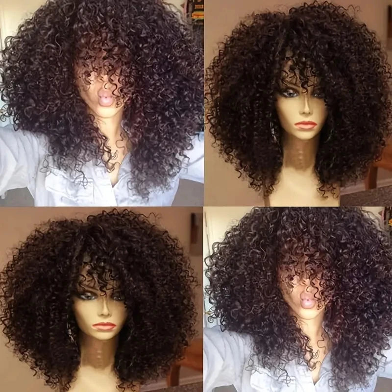 16 Inch Afro Kinky Curly Synthetic Wig with Bangs for Party Cosplay & Daily Wear