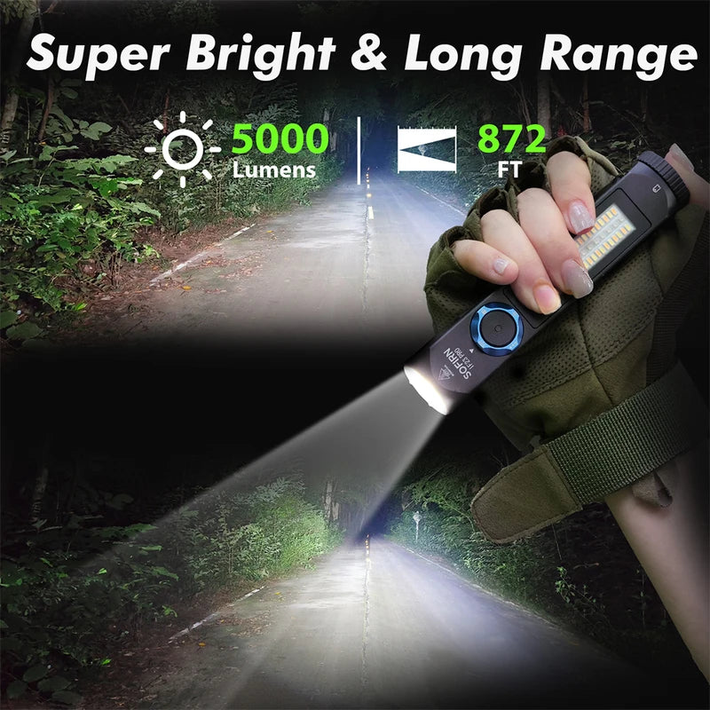 Rechargeable LED Flashlight 5000lm with RGB Side Light, Magnetic Rotary Switch