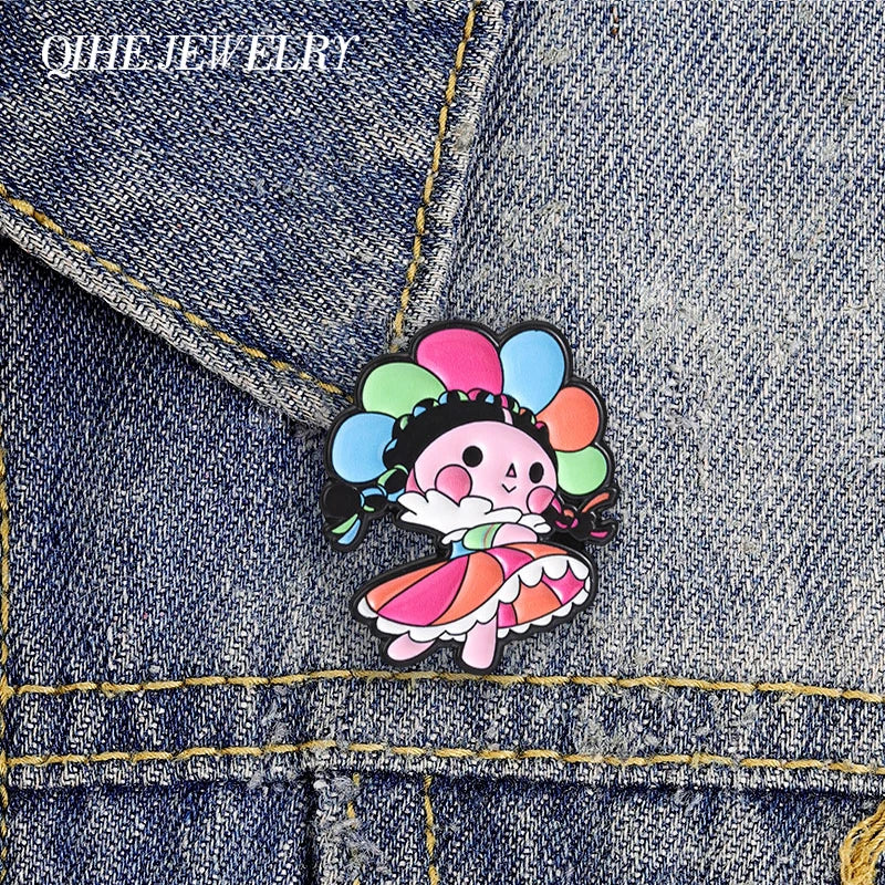 Mexican Lele Doll Brooch Enamel Pin with Floral Crown Rainbow Skirt Cute Jewelry