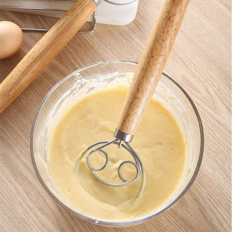 Stainless Steel Dough Whisk with Wooden Handle - 13 Inch Bread & Sourdough Mixer