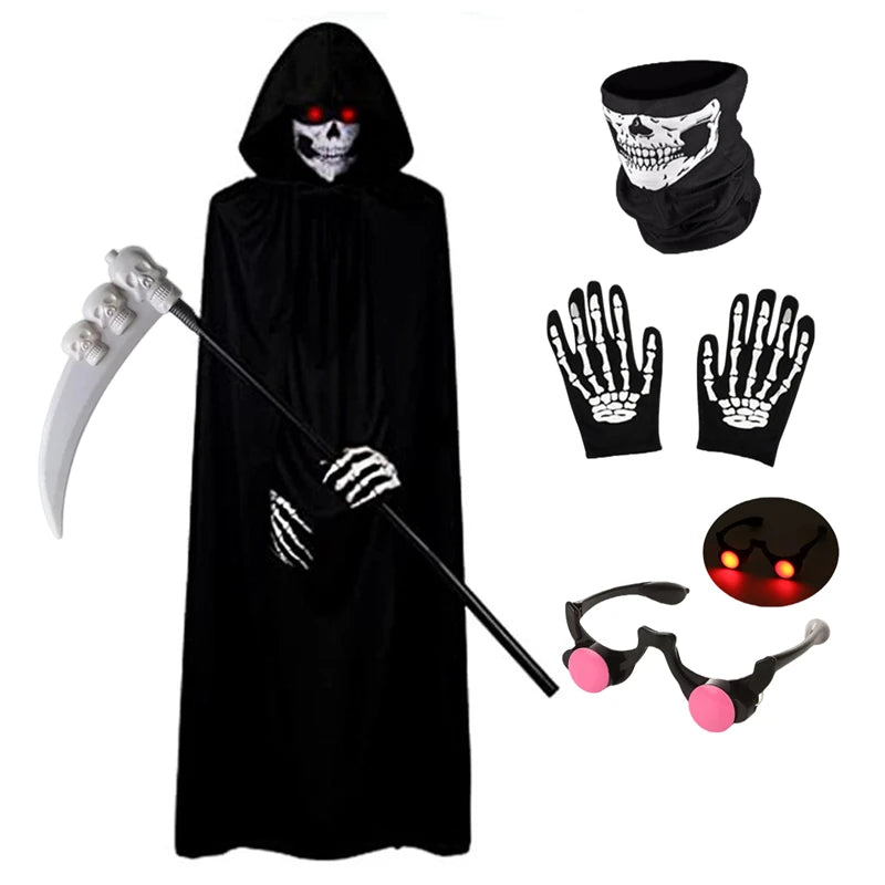 Kids Halloween Grim Reaper Costume with Robe Scythe & Glowing Glasses