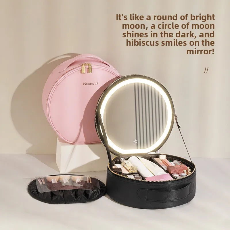 Travel Makeup Bag with LED Mirror and Light - Portable Rechargeable Cosmetic Case