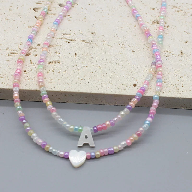 Colorful Seed Beads & Shell Letter Heart Necklace Boho Pendant Jewelry for Women
