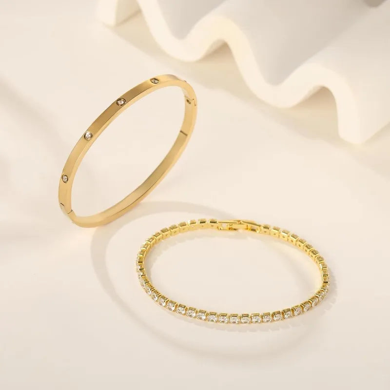 2-Piece Gold Plated Tennis Bracelets for Women - Dainty Love Bangle Set with Cubic Zirconia
