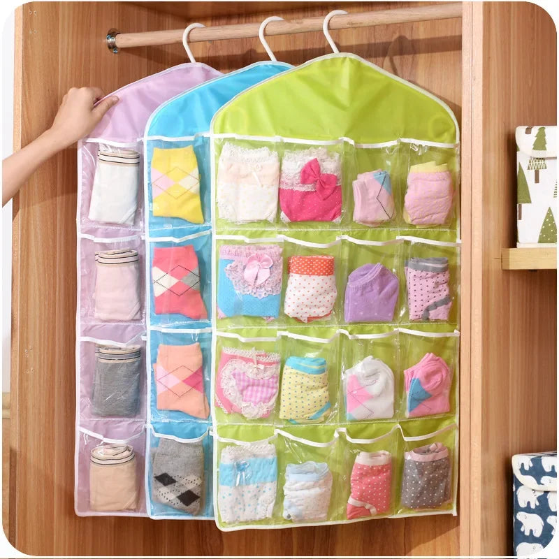 16-Pocket Hanging Wardrobe Organizer Bag for Socks Bra Underwear Storage