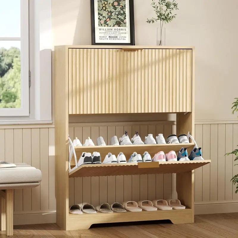 Slim Modern Shoe Storage Cabinet with 2 Drawers & Adjustable Shelf