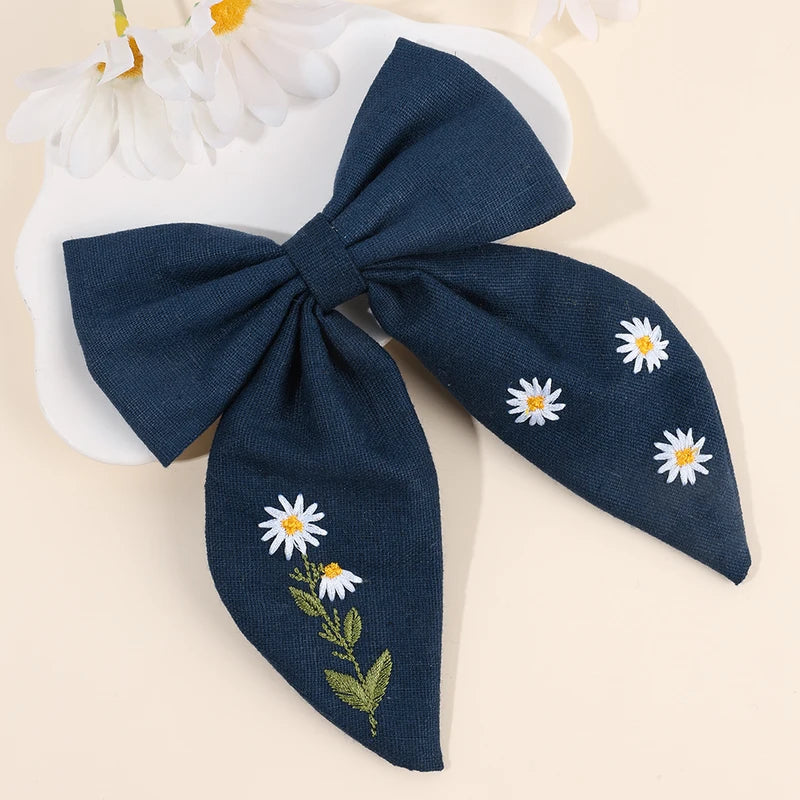 Floral Embroidered Bow Hair Clips Set for Girls and Women - Handmade Hair Accessories