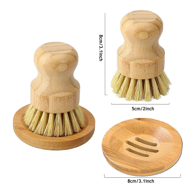 Bamboo Dish Scrub Brush & Soap Dish Set Eco-Friendly Kitchen Cleaning Tool