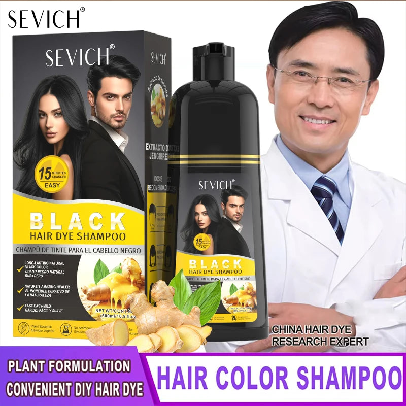 Herbal Hair Dye Shampoo - Black Plant-Based Permanent Color for Gray Hair - 500ml