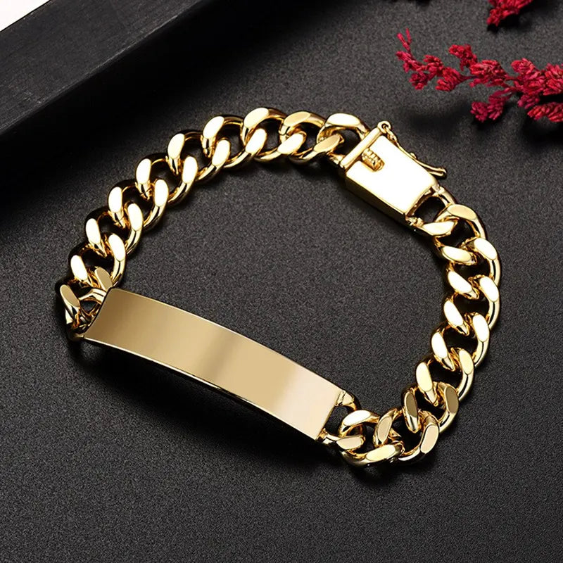 18K Gold-Color 10mm Chain Bracelet for Men Women High-Quality Jewelry