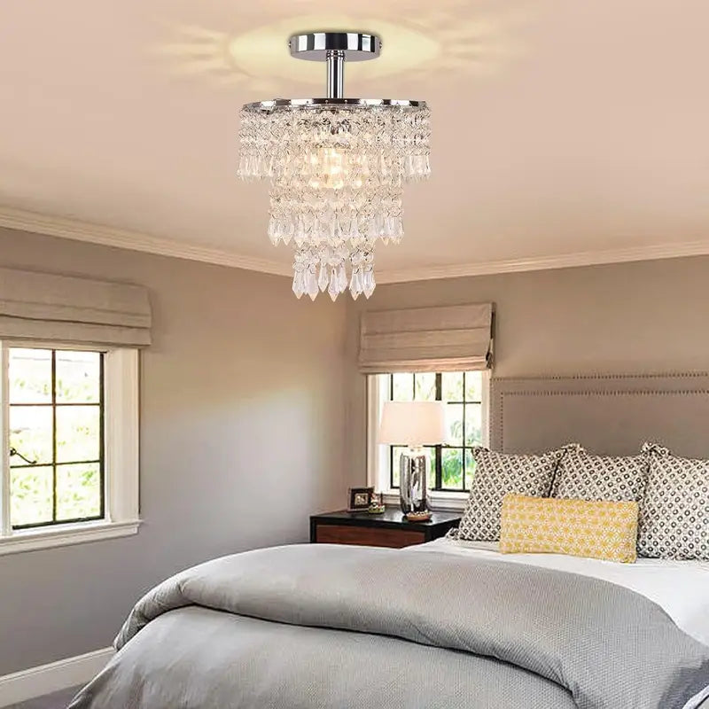 Small Crystal Chandelier LED Ceiling Lights 3 Tiers Raindrop Pendant Fixture for Bedroom Hallway Living Room, Chrome
