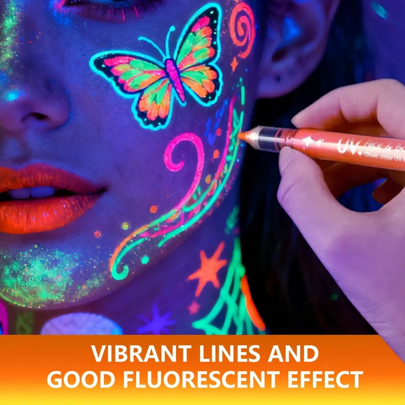 UV Neon Face & Body Paint Markers Set - Glow in The Dark Fluorescent Art Pens for Halloween Festivals and Parties