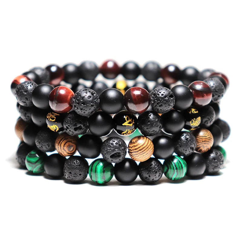 Natural Stone Beaded Buddha Bracelet with Wooden, Malachite, Tiger Eye & Obsidian For Yoga & Meditation