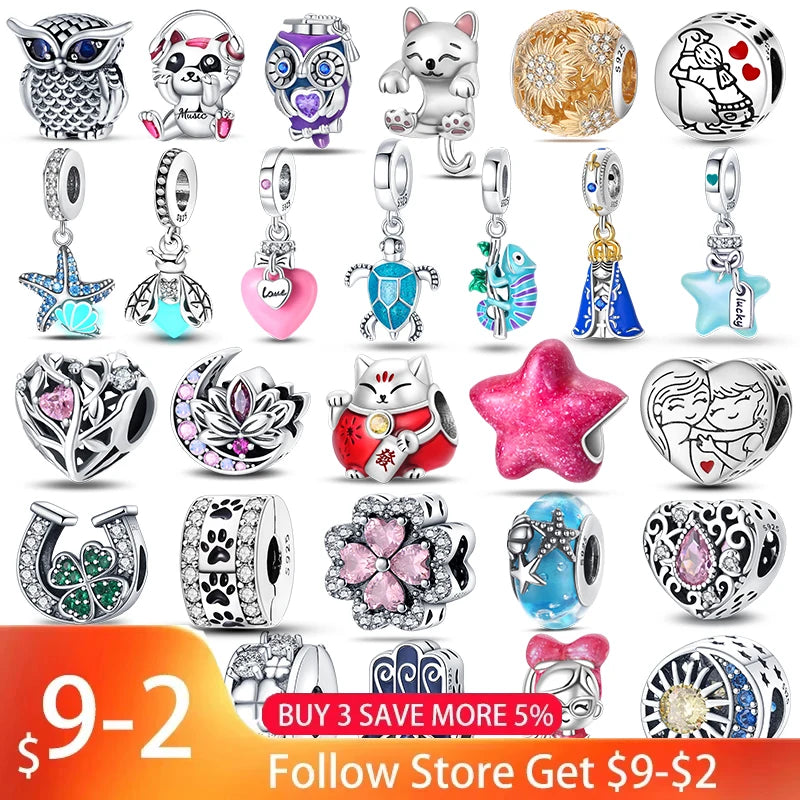 DIY Silver Bracelet Charms Set with Owl Sea Turtle Octopus & Blue Zircon - Multiple Colors