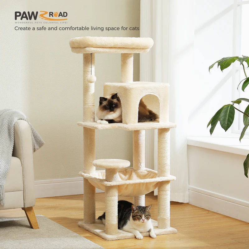 Multi-Level Indoor Cat Tree Tower with Large Hammock and Big Top Perch - Suitable for Large Cats