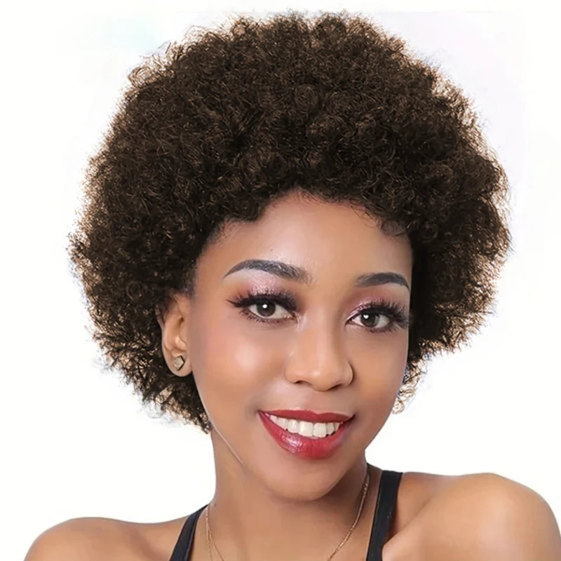 Afro Kinky Curly Wave Wig - 6 Inch Pixie Cut Human Hair Wig for Women, 150% Density