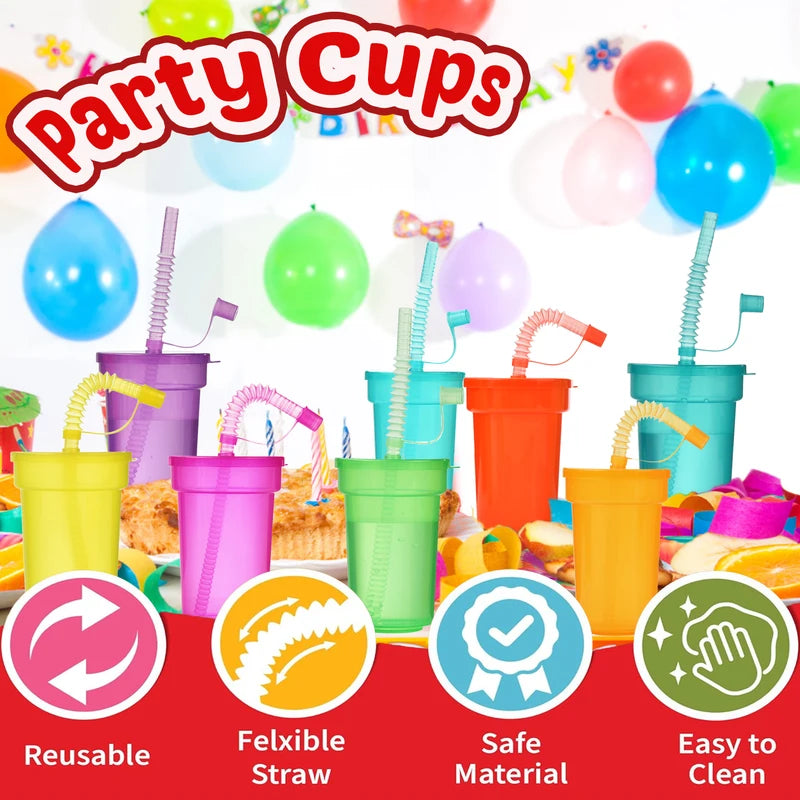Reusable Spill-Proof Neon Sipper Cups with Lids & Straws for Kids - Multiple Colors
