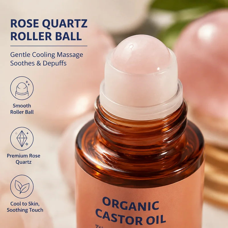 Organic Castor Oil with Rose Quartz Roller - Cold Pressed, Hydrating Skin Care Oil