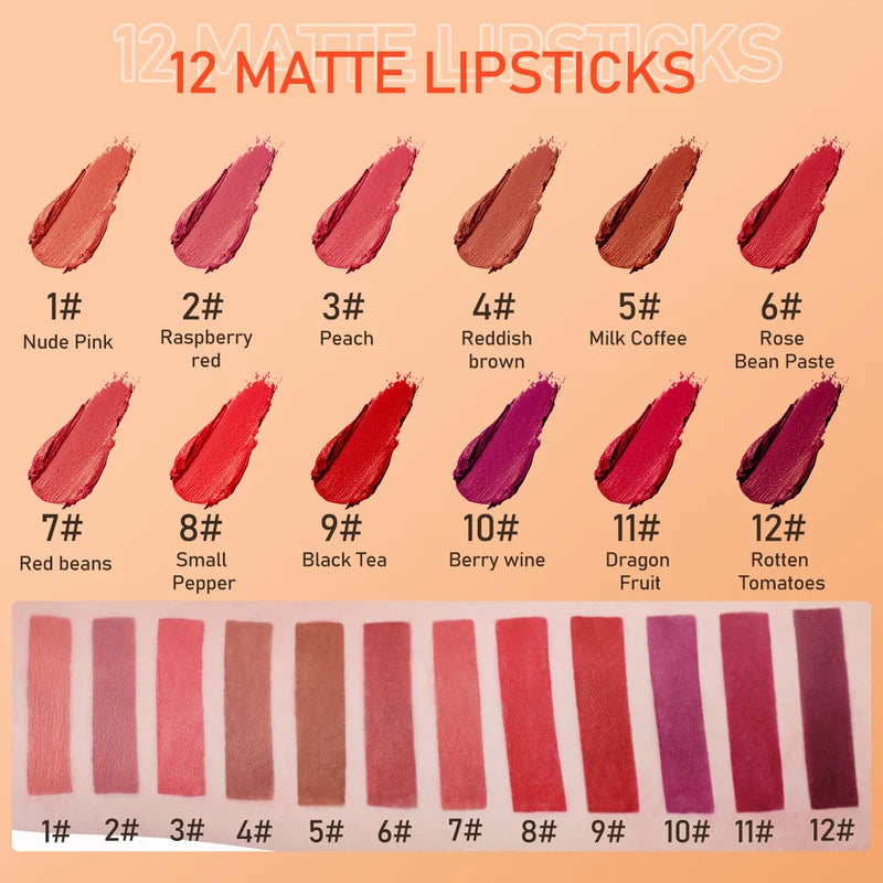 12-Color Matte Waterproof Lipstick Set Long Lasting Velvet Pigments for Beauty