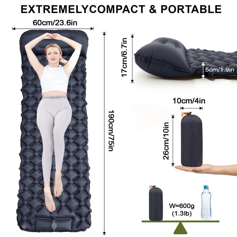 Ultralight Inflatable Camping Mattress with Built-In Pillows and Rapid Pump