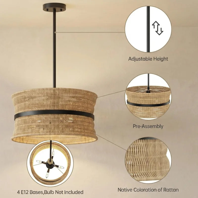 Wicker Boho Chandelier - 4-Light Rattan Pendant Light for Dining & Living