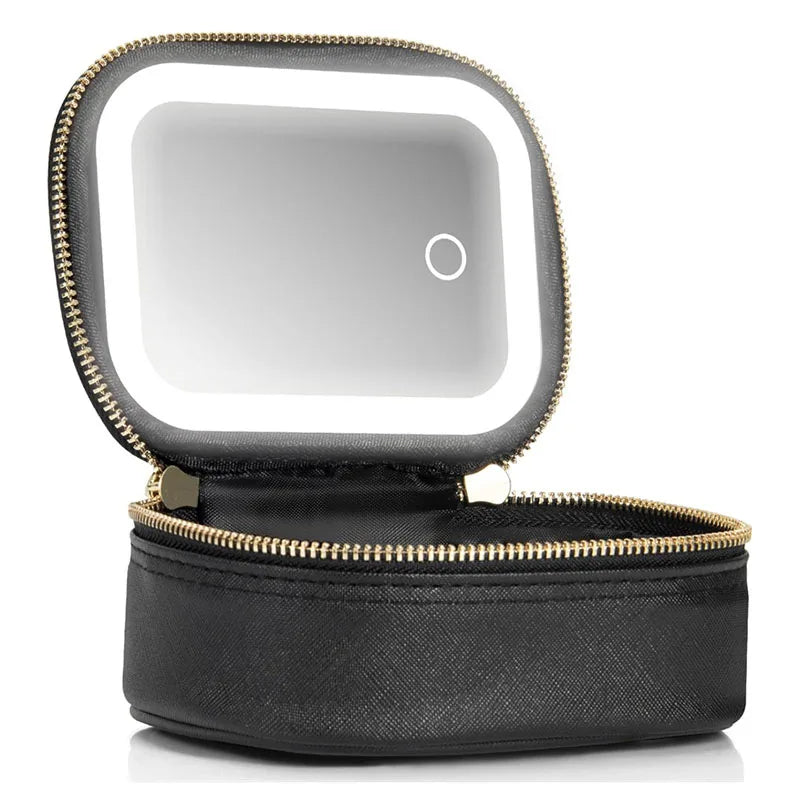 Portable Makeup Organizer Bag with LED Mirror and Light Modes - Travel Cosmetic Storage