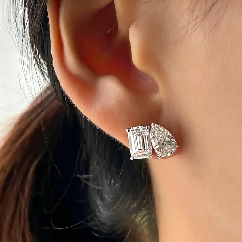 Sterling Silver Moissanite Stud Earrings for Women - Pear & Emerald Cut Jewelry