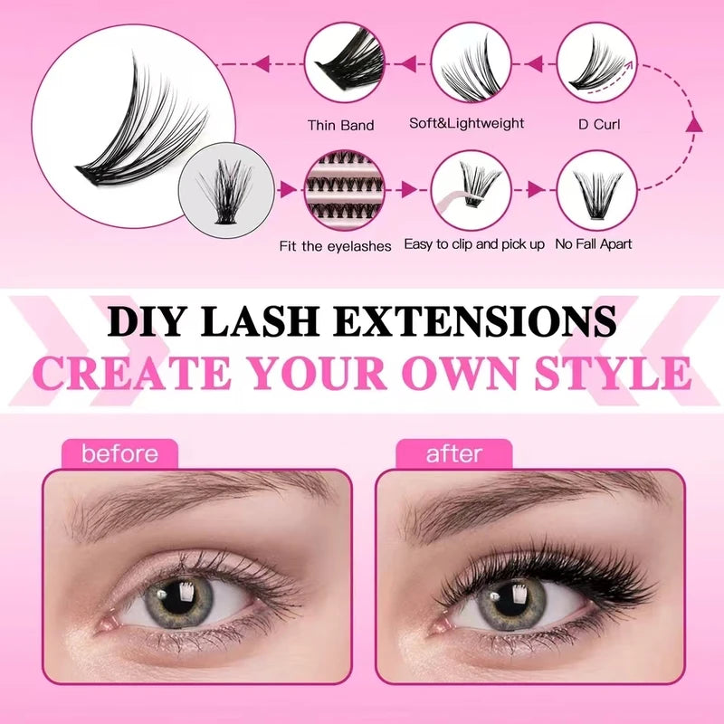 DIY Eyelash Extension Kit with Clusters, Bond & Seal - 200 pcs for Lash DIY