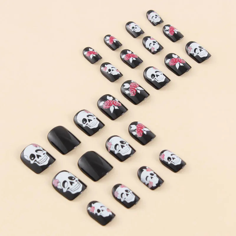 24Pcs Halloween Black Red Rose Square Press-On Nails with Skull Design - Reusable Fake Nails