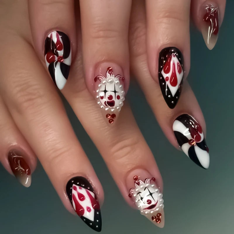 24pcs Halloween Circus Clowns Fake Nails with Blood Drop Spiral Pattern - Press On Nails Set