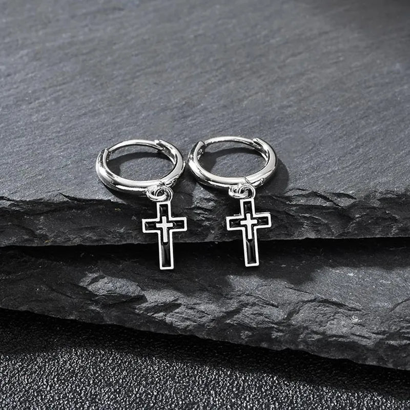 Silver Cross Hoop Earrings for Men Boys - Dangle Drop Jewelry Gift
