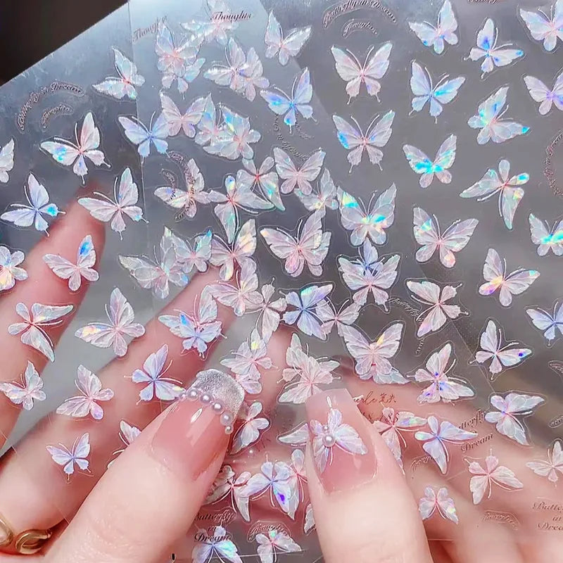 Pink Purple Aurora Shell Butterfly Nail Stickers - Shiny Laser 3D Decals for Nail Art