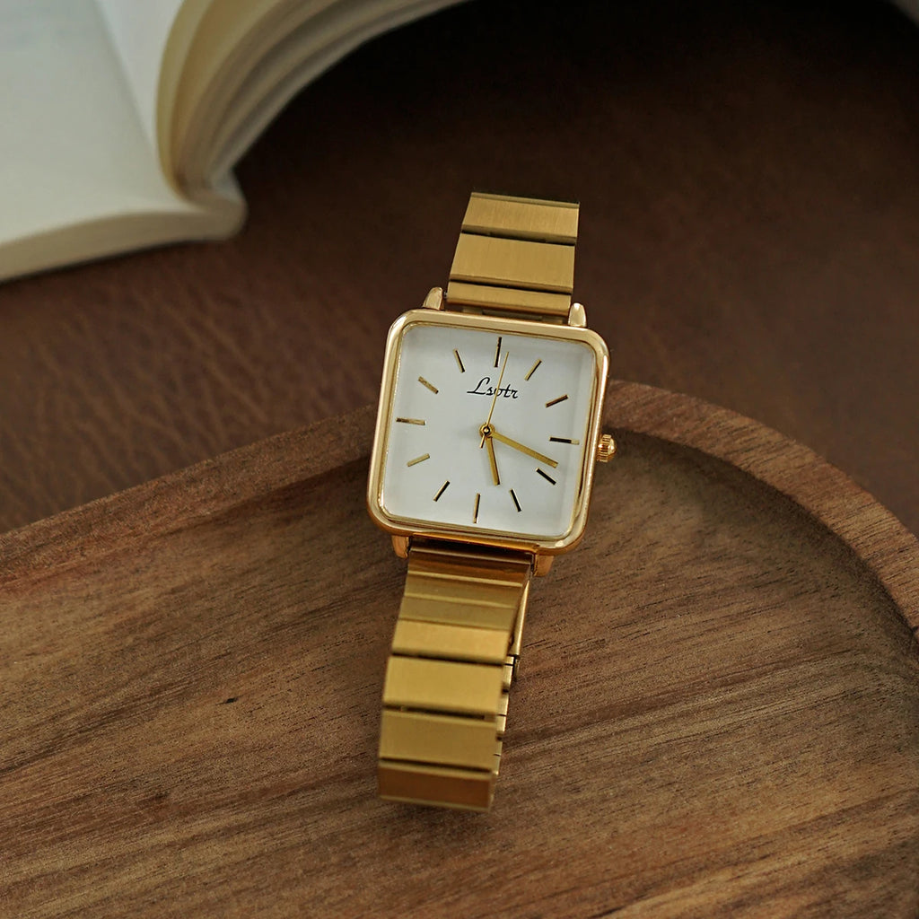 Women’s Retro Gold, Silver & Pink Quartz Watch with Stainless Steel Strap - Waterproof Casual Elegant Square Dial