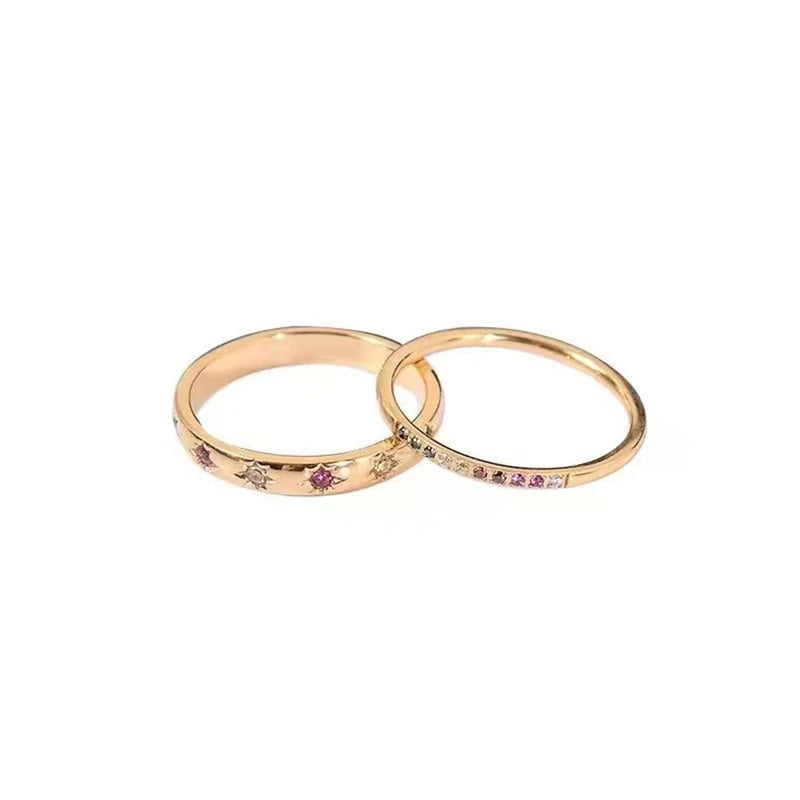 Rainbow Color Cubic Zircon Finger Rings Set - Waterproof Stainless Steel Jewelry for Women