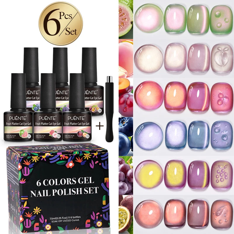 Magnetic Gel Nail Polish Set with Cat Eye Effect - 6 Colors, UV Soak Off Varnish Kit