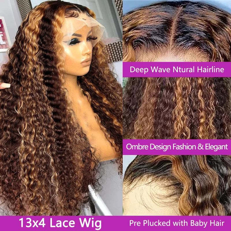 Curly Lace Front Human Hair Wigs - Highlight Honey Brown 13x6 13x4 Ombre Options