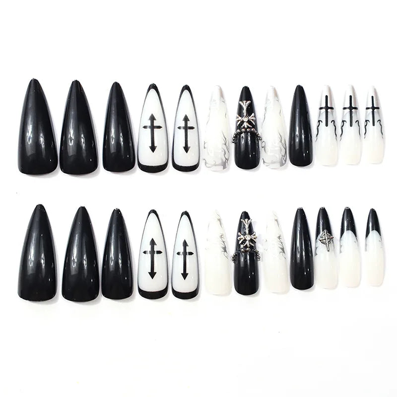 24Pcs Long French Press-On Nails - Dark Edgy & Elegant Fake Nail Set