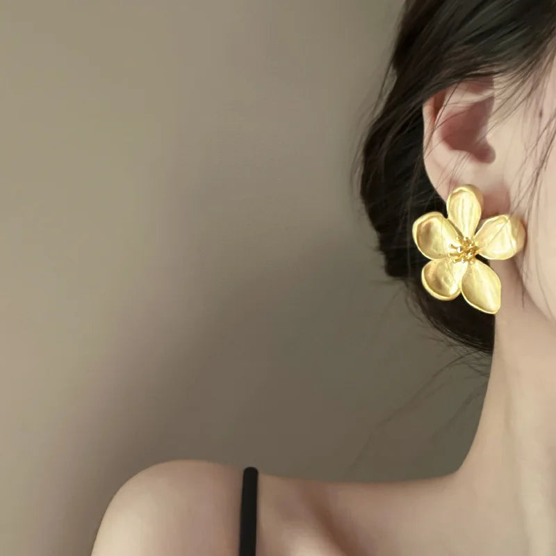 Gold Matte Texture Metal Flower Earrings for Women Girls Party Jewelry Gift