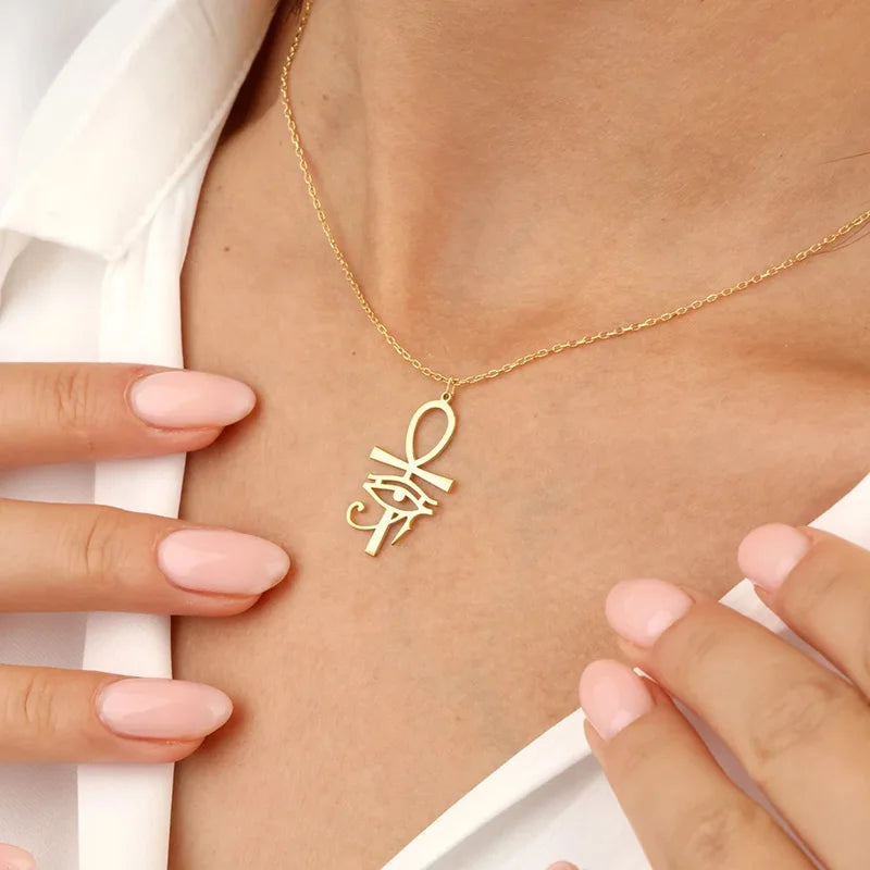 Ancient Egyptian Gold Plated Ankh Eye of Horus Pendant Necklace for Women