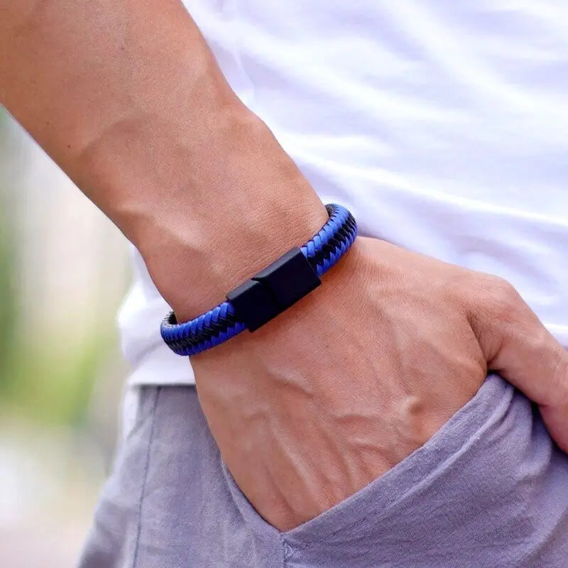 Men's Leather Bracelet Bangle with Magnetic Clasp - Black Braided Punk Style, Gift for Him